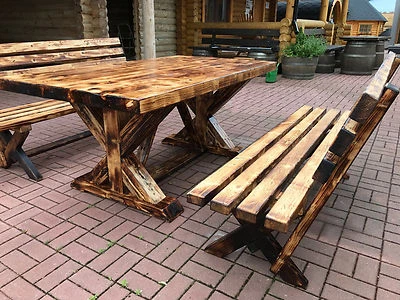 NEU: Fachwerk Garten Sitzgarnitur Tisch 2 Bänke mit Lehne Biergarten Sitzgruppe - Bild 1 von 4