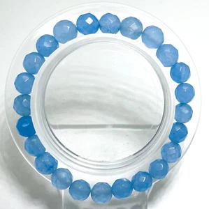 Aquamarine Blue Jade Gemstone Faceted Round 8mm Beaded Handmade Bracelet PGB205 - Picture 1 of 2