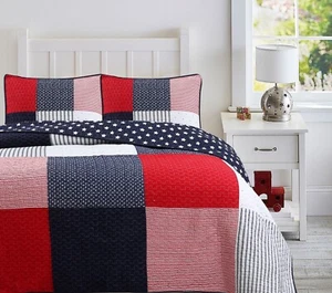 Patriotic Patchwork Plaid Red White Blue Cotton Quilt Bedding Set - Picture 1 of 6