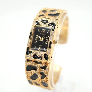 Elgin II Womens Gold Tone Cuff Watch 19mm Black Rectangle Gem Set Leopard - Picture 1 of 17
