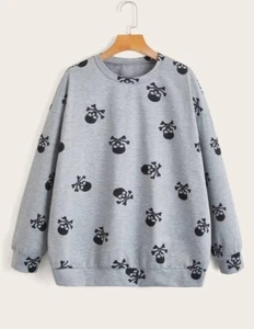 Womens Size 8-10-12 Grey Black Skull Crossbone Pullover Jumper Sweatshirt M New - Picture 1 of 3