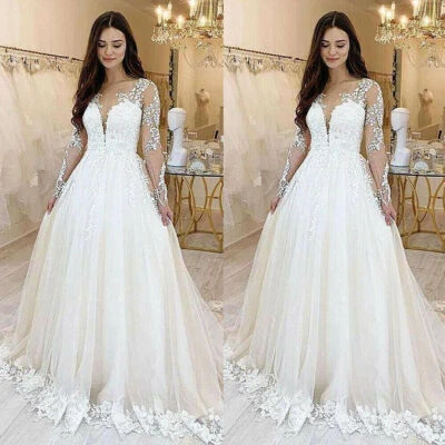 Vestidos de novia manga larga línea A apliques de encaje tul tren vestidos de novia plus Foto 1 de 4