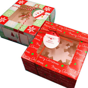 5x Christmas Cupcake Box Muffin Clear Window 4 Cup Cake Packaging Gift Container
