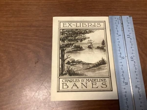 Original BOOKPLATE - ex libris Charles & Madeline BANES - w Sailing ship, tree - Picture 1 of 2