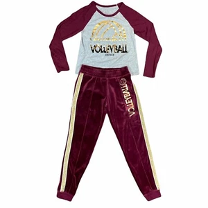 Justice VOLLEYBALL Girls Maroon Outfit Sequin Shirt Joggers Pants - Size 10 tag - Picture 1 of 11