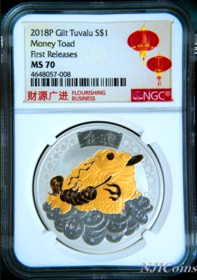 2018 TUVALU MONEY TOAD SILVER GILT w/ 24k gold $1 1oz COIN NGC MS 70 GILDED - Image 1 of 4