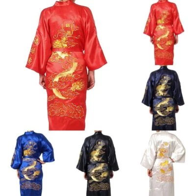 Mens Satin Chinese Dragon Kimono-Silk Bathrobe Pajamas Sleepwear Gown Bath Robe - Image 1 of 4