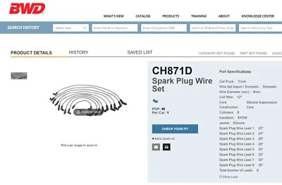 Juego de cables de bujía de encendido BWD CH871 para Ford 1979-1991 5,0 L 5,8 L-V8 Foto 1 de 2