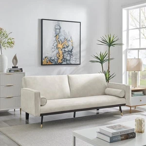 Cream Sofa Bed 3 Seater Faux Suede Click Clack - Jenna - Picture 1 of 8