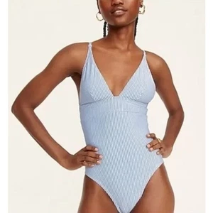 J. Crew Seersucker White Blue Striped Plunge One-Piece Swimsuit Size 24 NWT - Picture 1 of 10