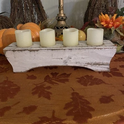 Rustic Farmhouse Distressed Wood Candleholder Centerpiece With 4 Candles - Image 1 of 4