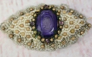 Vtg Cameo Faux Amethyst Pearl Accent Gold Accent Brooch Pin READ - Picture 1 of 13
