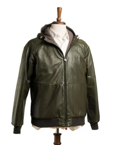 Kiton $12,780 Green Lambskin Insulated Cashmere Hooded Bomber Jacket (50 IT) M - Picture 1 of 6