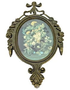 Vintage verzierter ovaler Blumen-Wandbehang mit Messingrahmen Made in Italy - Bild 1 von 9