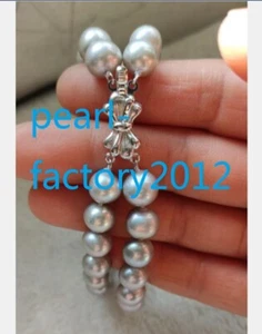 2 rows AAA 9-10mm natural south sea gray round pearl bracelet 7.5-8'' 925 silver - Picture 1 of 3