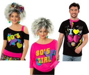 1980s T Shirt Ladies 80s Fancy Dress Neon Rewind Festival Mens 80s Accessory Top - Picture 1 of 17