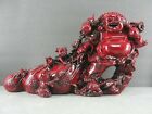 HAPPY TRAVELLING BUDDHA STATUE w/KIDS ?? TURTLE PLUMS RED RESIN HUGE 18" VINTAGE