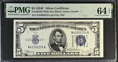 1934-C $5 SILVER CERTIFICATE ✪ PMG UNC 64-EPQ ✪ FR-1653W WIDE 354 ◢TRUSTED◣ - Image 1 of 2