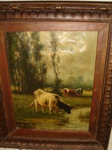 Very old oil painting, { William Frederick Hulk (1852-1906 ), Cows drinking }. - Picture 1 of 18