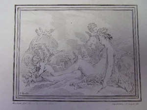 Lithographie XIXe " JEUNE FEMME AVEC DES ANGES " signée Boucher 32x24 1840 - Imagen 1 de 2