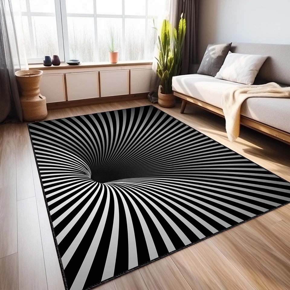 Optical Illusion rug, 3D Vortex Rug, Salon Rug,Black striped rug, Geometric line - Image 1 of 4