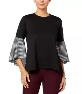 Black White Striped Bell Sleeve Knit Top Size L - Picture 1 of 5
