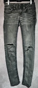 Rock Revival Jeans Womens 25 Black Beliss Skinny Rhinestones Distressed Denim - Picture 1 of 12