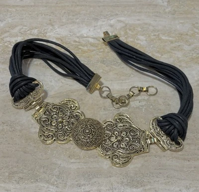 Vintage Belt Gold Floral Metal Buckle Waxed Cotton Cord Boho Lagenlook Black - Image 1 of 4