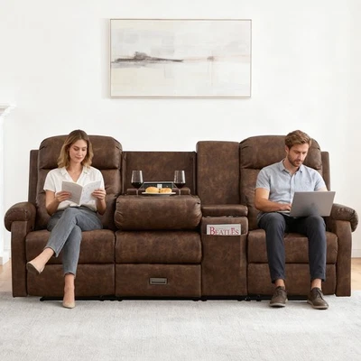 recliner loveseat with Console Reclining Couch Manual Home Theater Seat w/Pillow - Image 1 of 4
