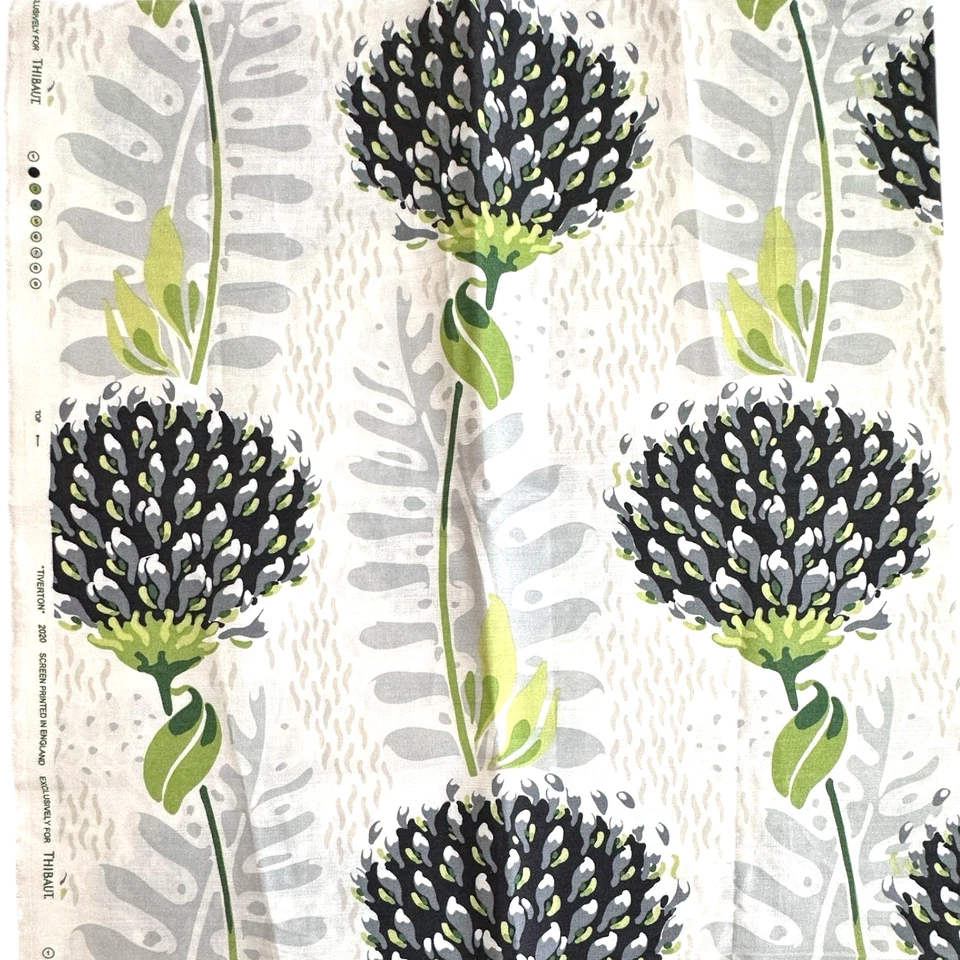 Thibaut Fabric TIVERTON Floral Remnant Black Gray Green Linen Blend  28"L x 54"W - Image 1 of 4