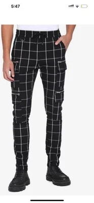 Calça masculina S gótica punk rock tema quente preta branca grade xadrez carga - Imagem 1 de 4
