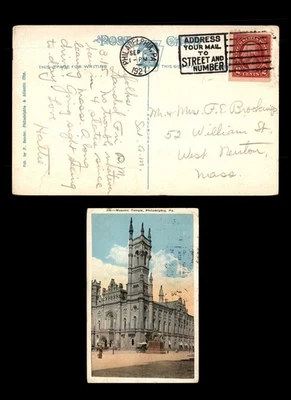 Mayfairstamps US 1927 Phila to West Newton MA Masonic Temple Postcard aau_66805 - Image 1 of 2
