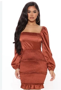 Women’s Satin Copper Back Tie Smocked Mini Dress Size M NWOT Bella Mae - Picture 1 of 10