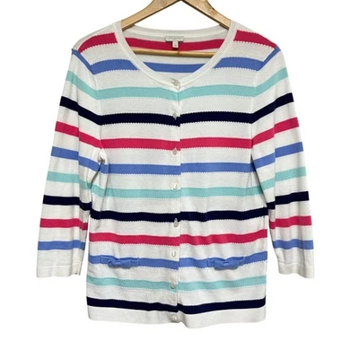 Cárdigan Suéter Talbots Algodón Rayas Mujer L Multicolor Preppy Manga 3/4 Lazo Foto 1 de 4
