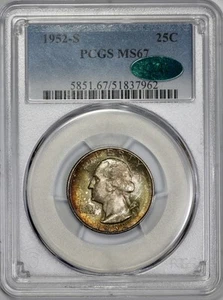 1952-S Washington 25c Silver Quarter PCGS MS 67 Green Copper Toning CAC Approved - Picture 1 of 4