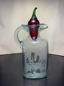 Vintage Hand Blown Glass Cruet pitcher Chili Pepper Stopper Signed On Bottom - Picture 1 of 6