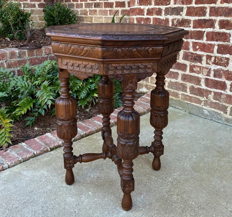 Antique French Octagonal Table Renaissance Revival Carved Oak 19th C Cover