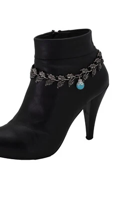 Pulseira feminina de metal estanho corrente bota sapato azul miçangas folha berloques floral elegante - Imagem 1 de 4
