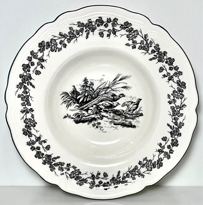 Tabletops Unlimited New England Toile Gamebirds Rimmed Soup Bowl Pheasant 9 3/8" - Image 1 of 2