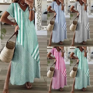 Ladies V Neck Hawaiian Dress Women Short Sleeve Holiday Kaftan Maxi Dresses - Picture 1 of 18