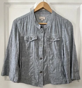 Ann Taylor LOFT Button Front 3/4 Sleeve Multi Pocket Linen Blue Jacket Women S - Picture 1 of 21