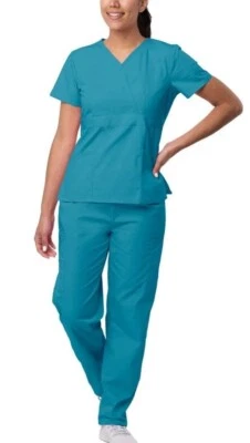SIVVAN Adar Unisex Scrub Set Multi Pocket Cargo Pant Mock Wrap Top Size XL Teal Blue