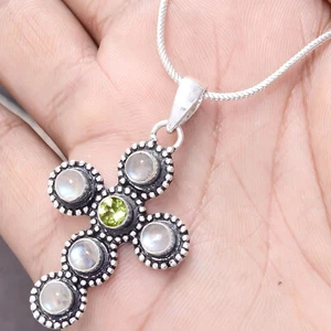 Rainbow Moonstone, Peridot Cut Gemstone 925 Sterling Silver Cross Men's Jewelry - Picture 1 of 8