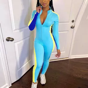Women Long Sleeve Patchwork Zip Bodycon Jumpsuit Playsuit Pants Rompers Overalls - Picture 1 of 4