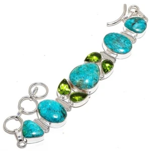 Sterling Silver Natural Chrysocolla Peridot Engagement Chain Bracelet Jewelry - Picture 1 of 7