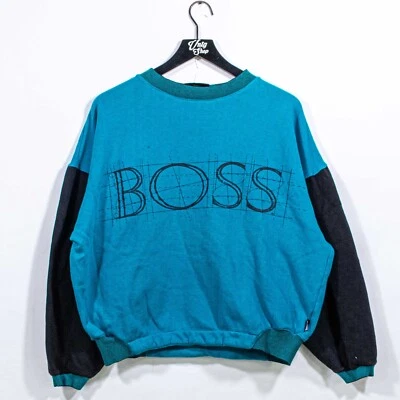 BOSS Colorblock Spell Out Sweatshirt Hip Hop Large Boxy Fit VTG 90s Streetwear - Image 1 of 4