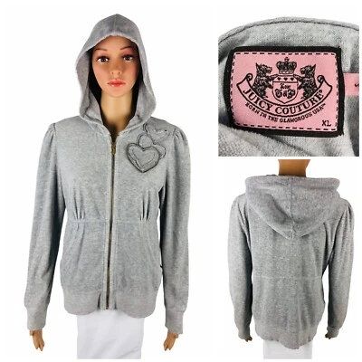 Juicy Couture Women XL Gray Velour Hood Jacket Y2K Spell Out Spell Out Full Zip - Image 1 of 4