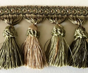 Vintage 3 1/4” Gold & 2 Tone Celery Green TASSEL FRINGE Trim TRIMMING 4+ YARDS - Picture 1 of 6