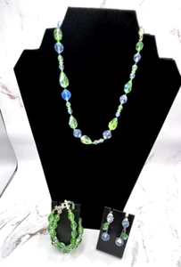 Vintage Vendome Aurora Borealis blau grün Halskette Armband & Ohrclips Set - Bild 1 von 10