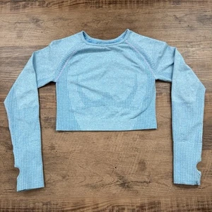 Blue Work Out Top M Long Sleeve Thumb Holes Athletic Wear Crop Form Fitting - Picture 1 of 5